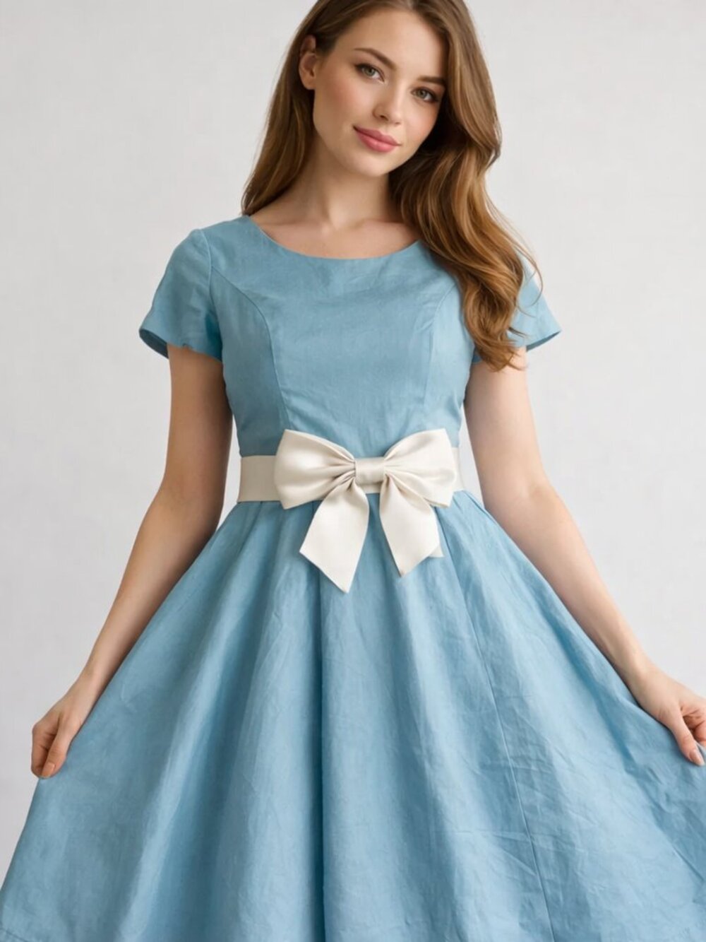 Vintage Blue Satin A-Line Dress with Ivory Bow